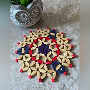 VINTAGE Wood Bead Trivets, Red Blue Hot Pad Mat, Wall Decor
